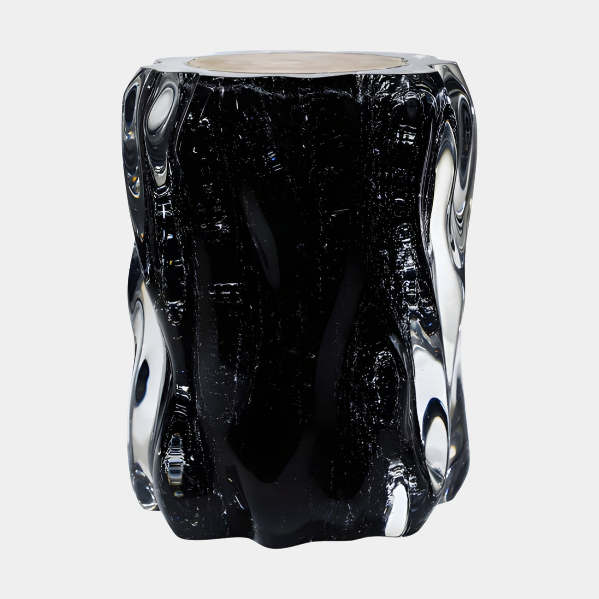 Black Cast Stump Stool with Clear Flutes, 45cm, resin-wrapped trunk with crackled black finish and fluted clear ridges, pale sawn top, on a plain white background.