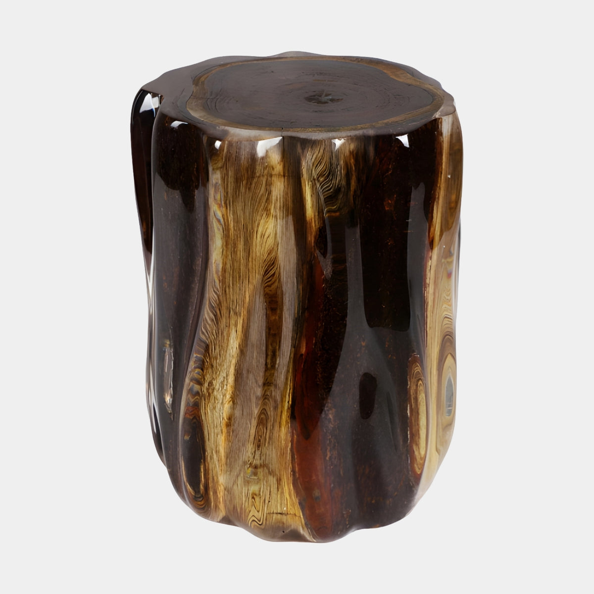 Honey Figured Cast Stump Stool - 40cm with fluted lobed sides showing honey and dark chocolate resin-cast wood grain, on a plain white background.