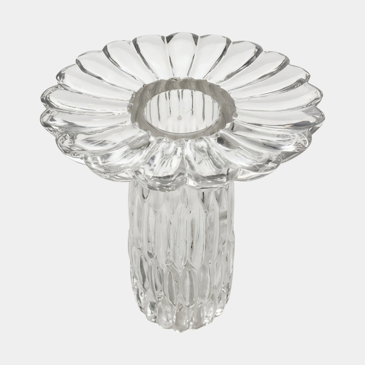 Clear Fluted Petal Resin Footed Bowl - 53cm with scalloped petal rim and faceted column foot, shown on a plain white background.
