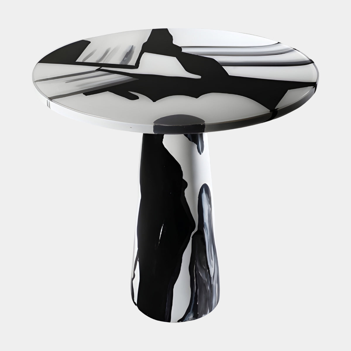Black & White Poured Resin Pedestal Table - 80cm with a round glossy top and tapered column, abstract black patterning with grey streaks on white, shown on a plain background.