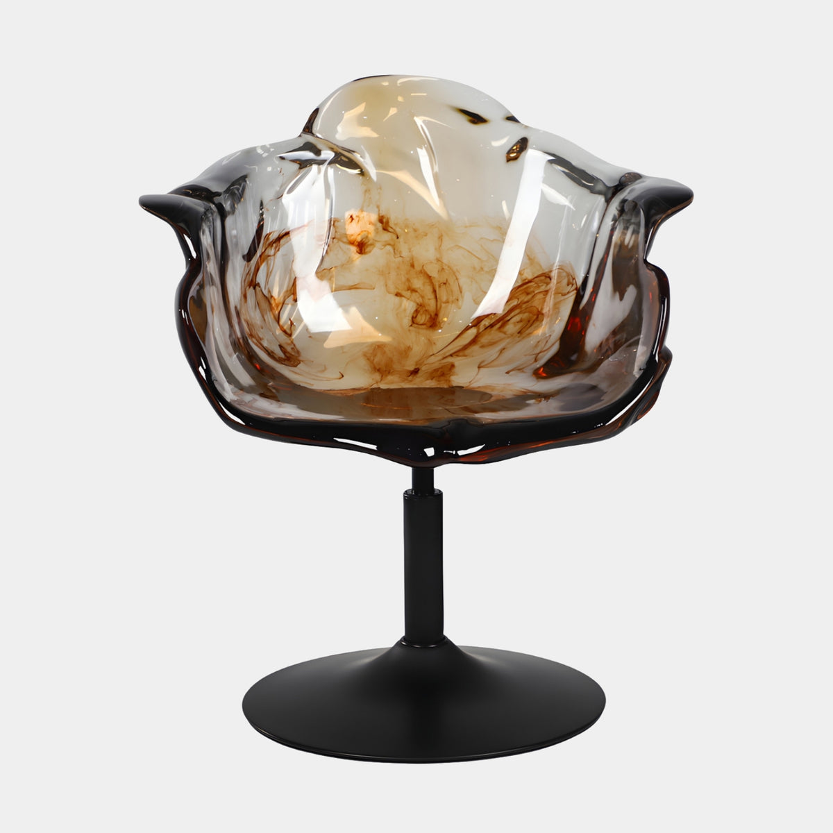 Amber Swirl Petal Resin Swivel Chair, 75cm, with a five-lobed amber and brown petal shell on a black metal swivel column and round base, shown on a plain white background.