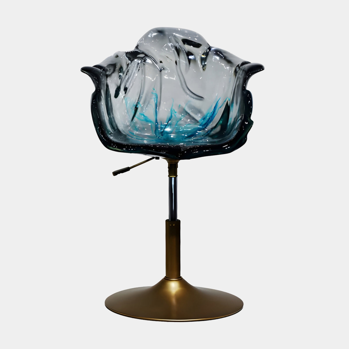 Clear Petal Shell Resin Swivel Chair - 80cm by Giant Sculptures, four-petal translucent shell with blue accents on a gold metal swivel base, plain white background.