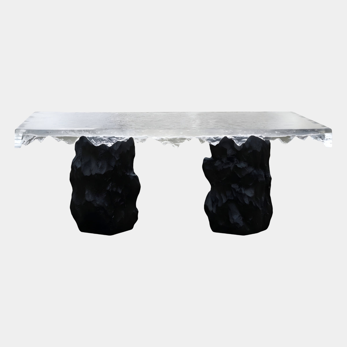 Clear Crackled Resin Slab Dining Table (196cm) by Giant Sculptures, a fractured clear resin tabletop with drip-edge detailing set on two black boulder-form pedestals, shown on a plain white background.