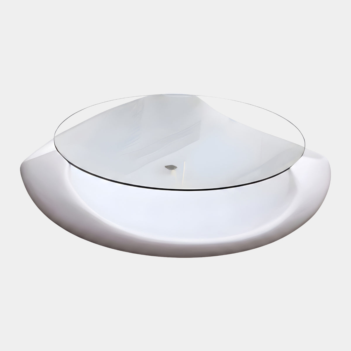 White Crescent Sweep Glass Coffee Table, 120cm, with glossy white fiberglass base and round clear glass top, shown on a plain light background.