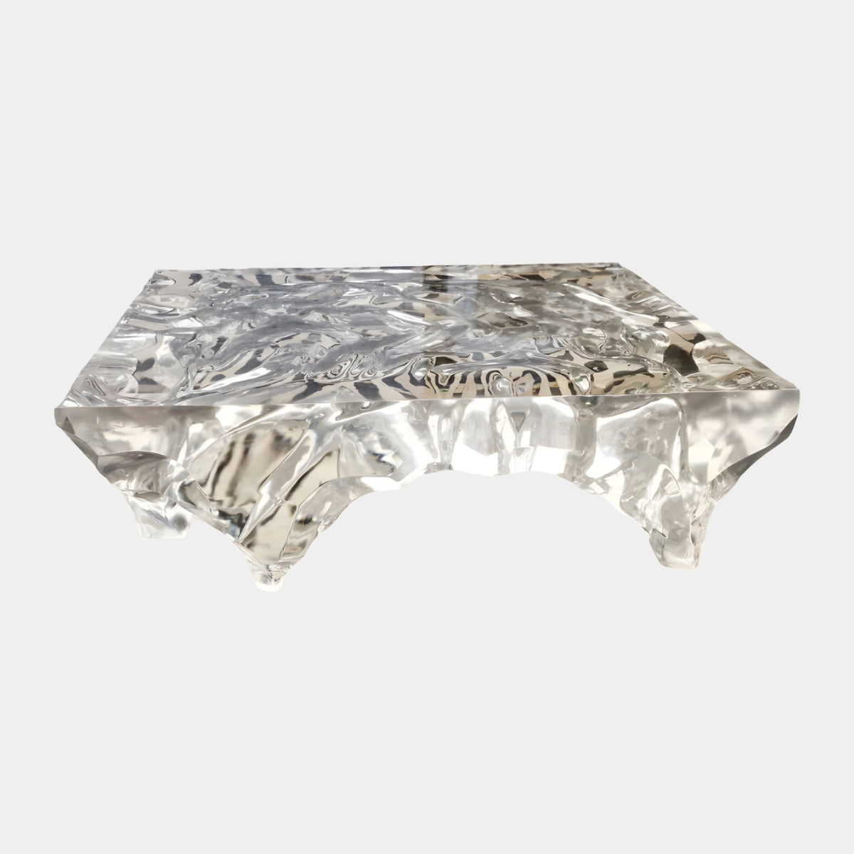 Clear Rippled Slab Resin Coffee Table (140cm) with a rippled surface and icicle-like legs tapering to the floor, shown on a plain white background.