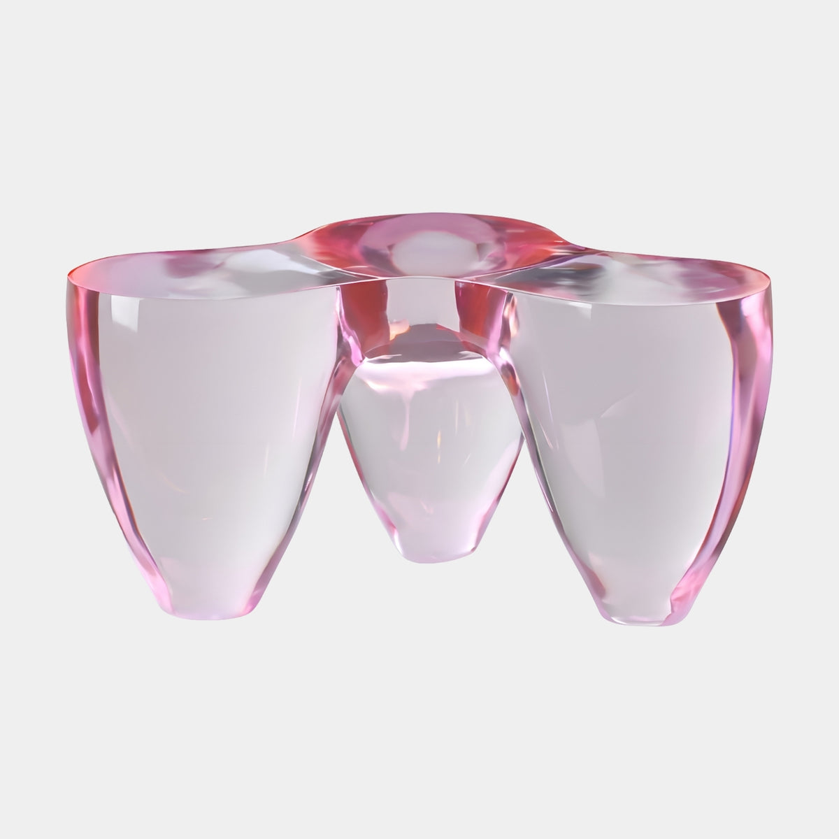 Pink Three Lobe Resin Coffee Table, 81cm, with three lobed legs merging into a lobed top in rose pink resin paling to clear at center, on a plain white background.