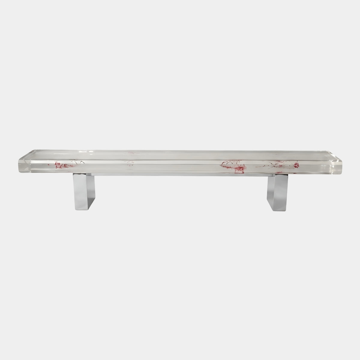 Clear Blossom Branch Resin Bench - 260cm with pink floral branches embedded in the clear resin seat, set on a stainless steel base, shown on a plain white background.