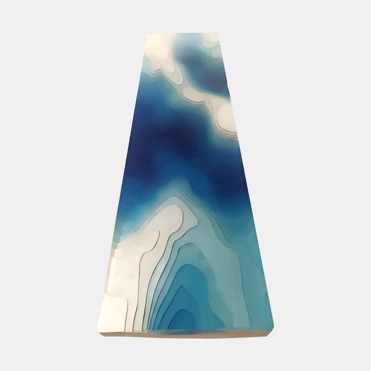 Blue Island Contour Resin & Wood Low Table in 300cm, side view showing cream, turquoise and navy contour layers in glossy resin, on a plain light grey background.