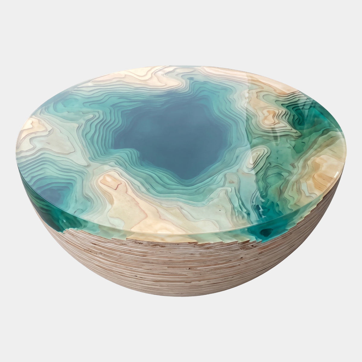 Green Lagoon Contour Resin & Wood Round Table, 150cm, with a layered wood base and a topographic resin top in mint, turquoise, and deep green-teal, on a plain white background.