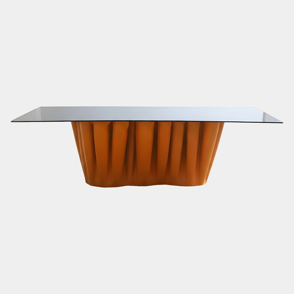 Orange Fluted Base Black Glass Dining Table (280cm) with a thin dark glass top overhanging a deeply pleated orange base, shown on a plain white background.