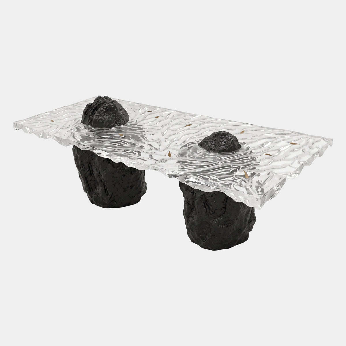 Clear Rippled Resin Table on Black Rock Bases, 245cm, by Giant Sculptures, with a clear wavy resin top on two black rock pedestals, shown on a plain white background.