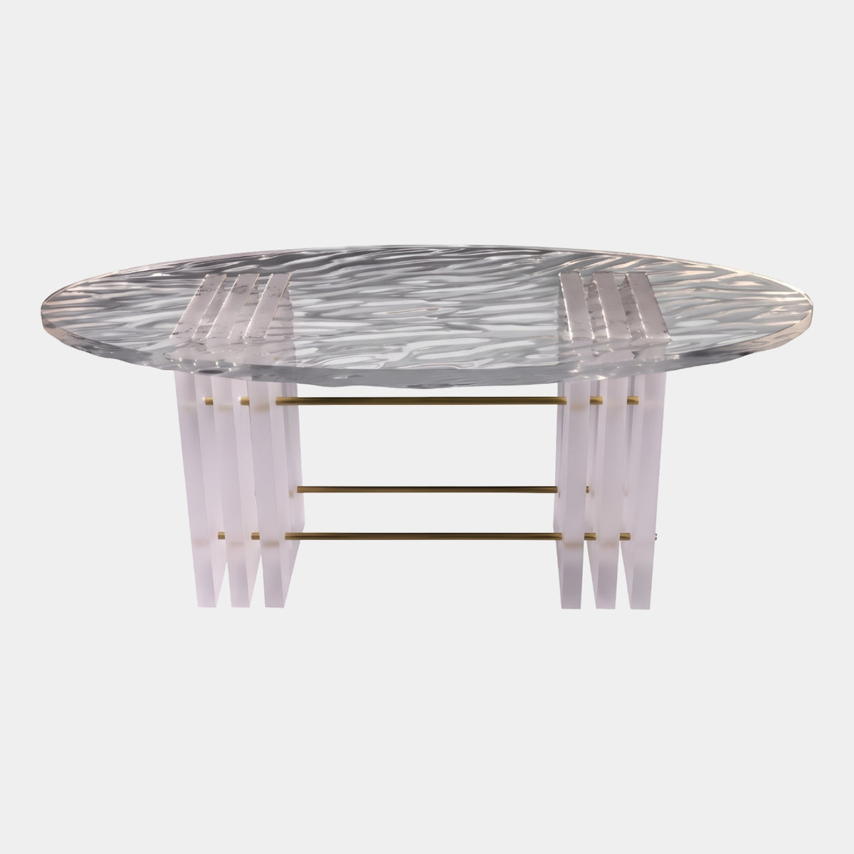 Clear Rippled Oval Resin Dining Table, 200cm, with frosted acrylic blade legs and brass support rods, shown on a plain white background.