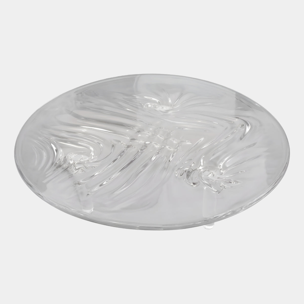 Clear Swirled Saucer Resin Low Table, 150cm, shallow saucer-shaped top with swirling ridges and short clear cylindrical legs, shown on a plain white background.
