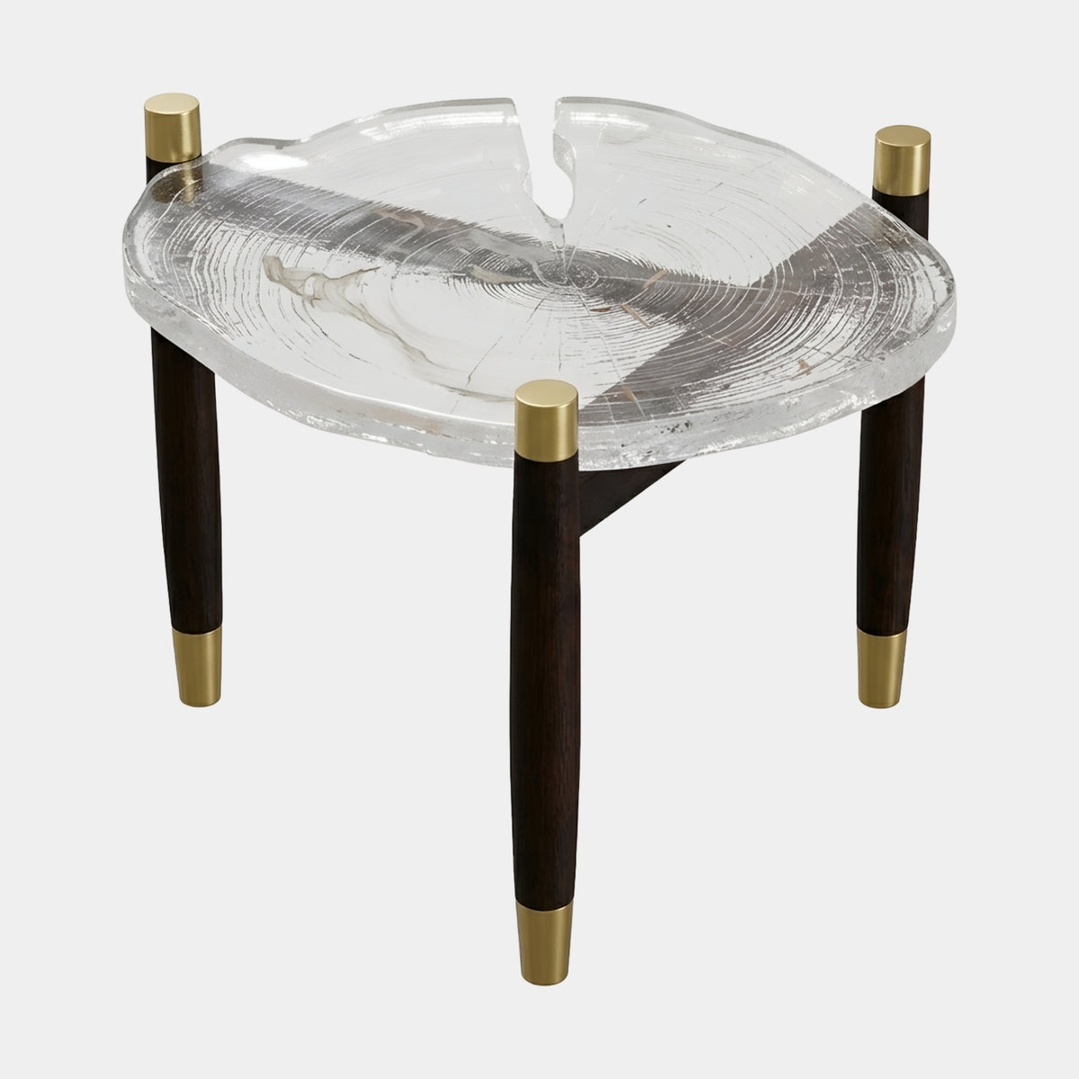 Clear Tree Ring Resin Side Table on Black Legs - 65cm, showing a clear trunk-section top with visible growth rings on slim black legs with gold caps and feet, set against a plain white background.