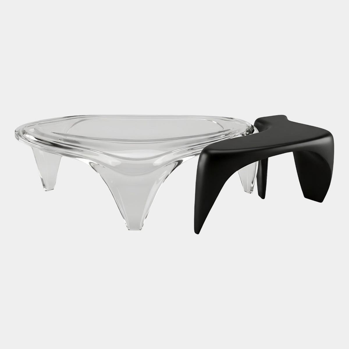Clear Three Horn Leg Resin Low Table, 160cm, with a black table of similar design beside it, tapering horn legs, plain white background.