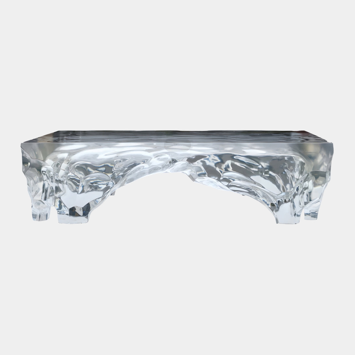 Clear Melt Form Resin Low Table (150cm) with a flat square top and melted, lobed resin base forming short feet, shown on a plain white background.
