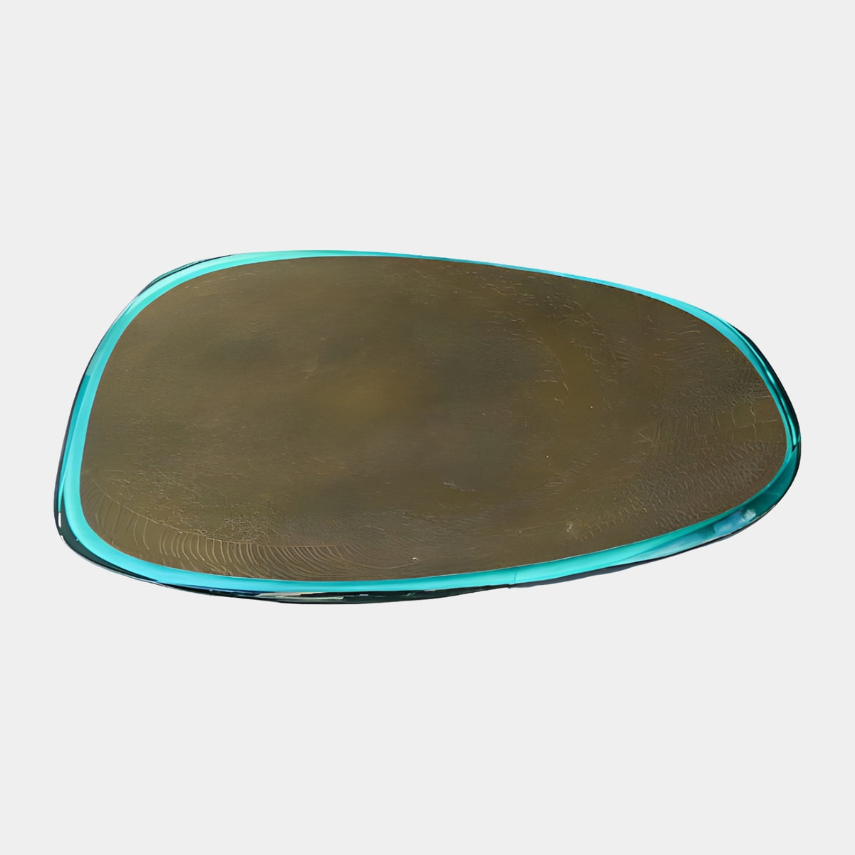 Bronze & Green Etched Copper Table Top (130cm) with a rounded triangular etched copper surface framed by a translucent green resin rim, shown on a plain white background.