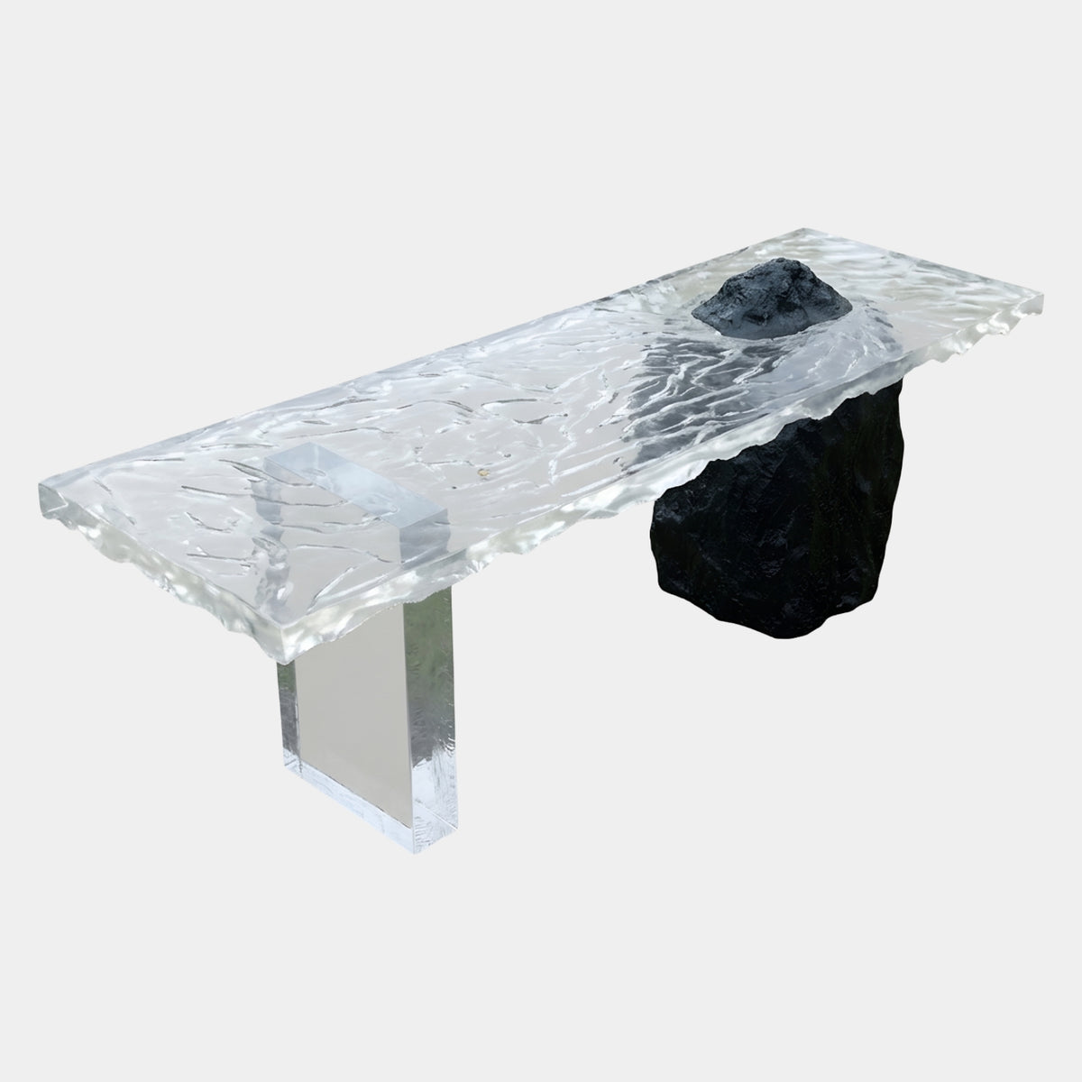 Clear Rippled Top Console Table on a Black Rock - 180cm, resin top with splashy edges on a black rock base and clear blade leg, white background.