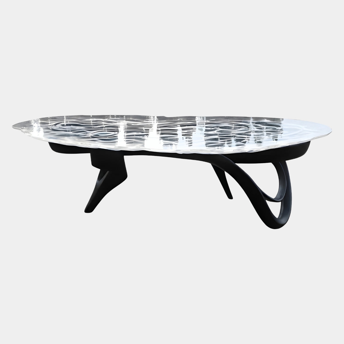 Clear Rippled Wave Top Resin Dining Table with black sweeping blade legs, irregular oval top in concentric ripples, shown on a plain white background.