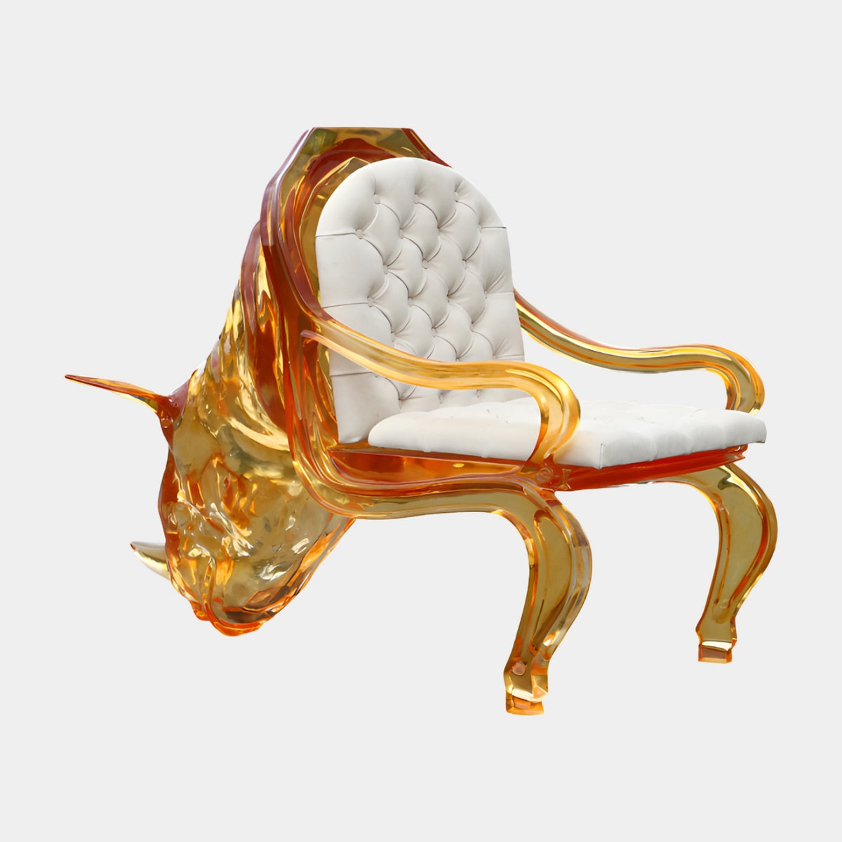 Orange Rhino Head Resin Armchair, 145cm, baroque frame in translucent amber-orange resin with a rhino head on the left arm, white tufted leather seat, on a plain white background.
