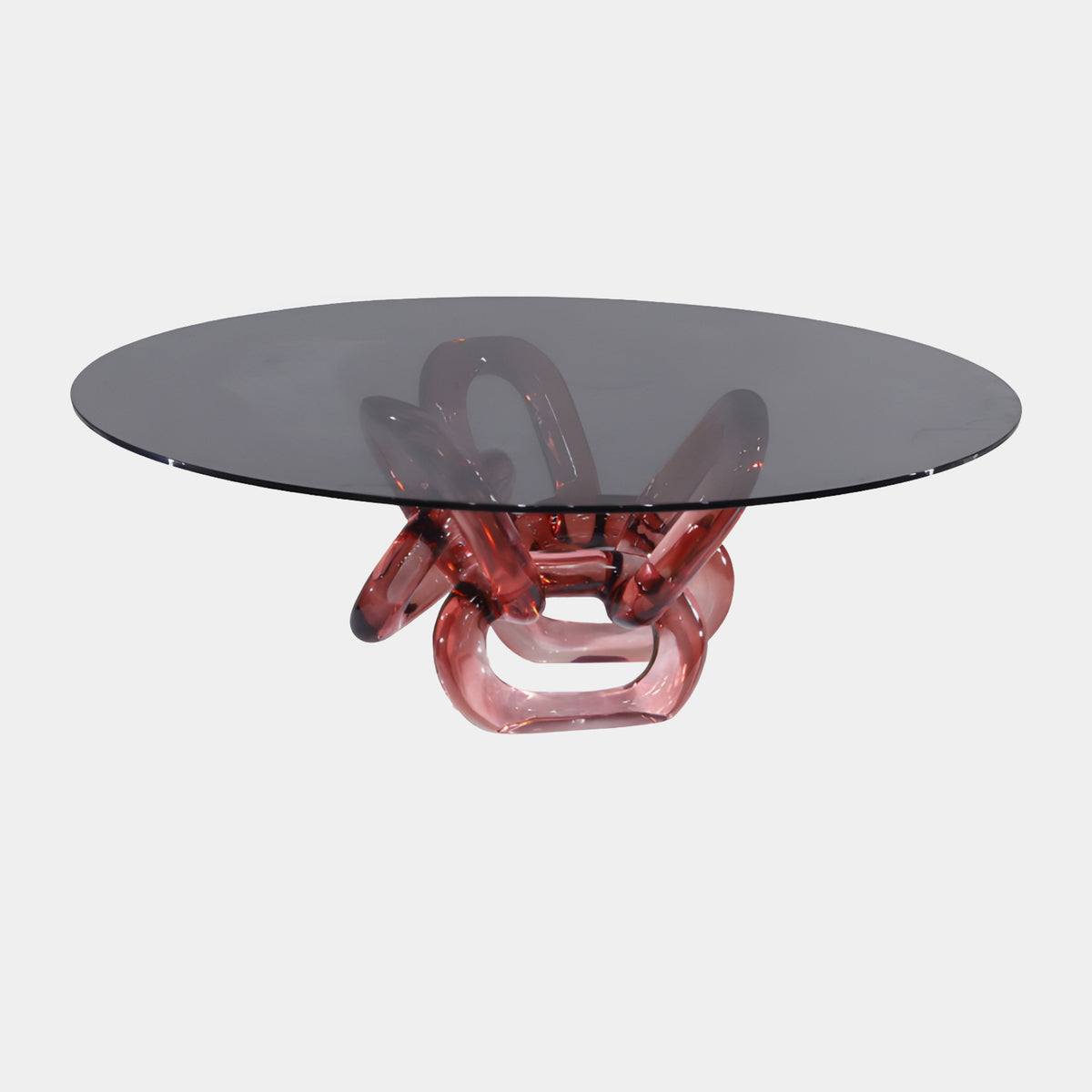 Pink Splayed Link & Smoked Glass Low Table - 100cm, with cast resin chain-link base and smoked glass top, shown on a plain white background.