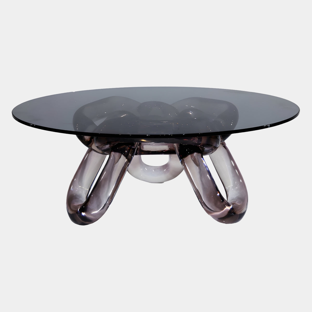 Smoke Linked Base Cast Resin & Glass Coffee Table - 100cm with smoked round glass top on knotted, loop-linked resin legs, shown on a plain white background.