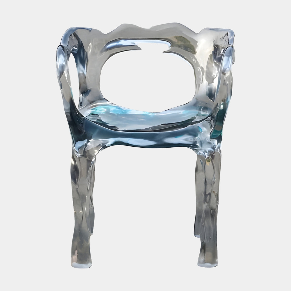 Colourless Pierced Back Cast Resin Armchair, 76cm, with an oval cutout in the back, melted-form legs, and a glass-like clear finish on a plain white background.
