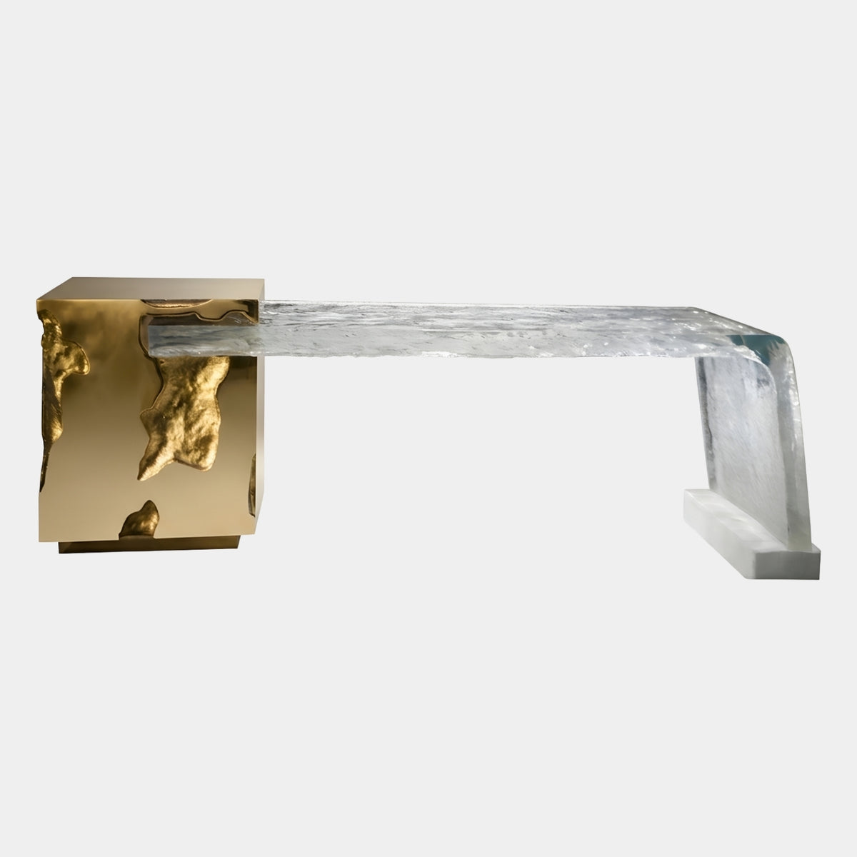 Folded Clear Slab & Gold Block Resin Bench, 260cm, with a frosted clear resin plank bending into a floor foot and a hollowed matt gold block base, shown on a plain white background.