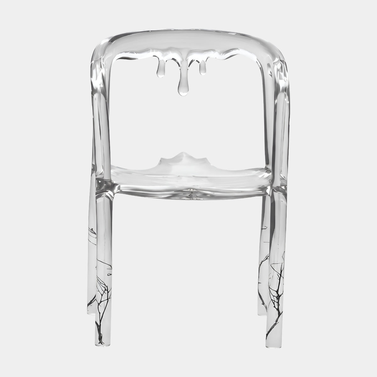 Clear Drip Detail Twig Cast Resin Armchair, 90cm, with dripping arch top and brown twigs cast into the legs, shown against a plain white background.