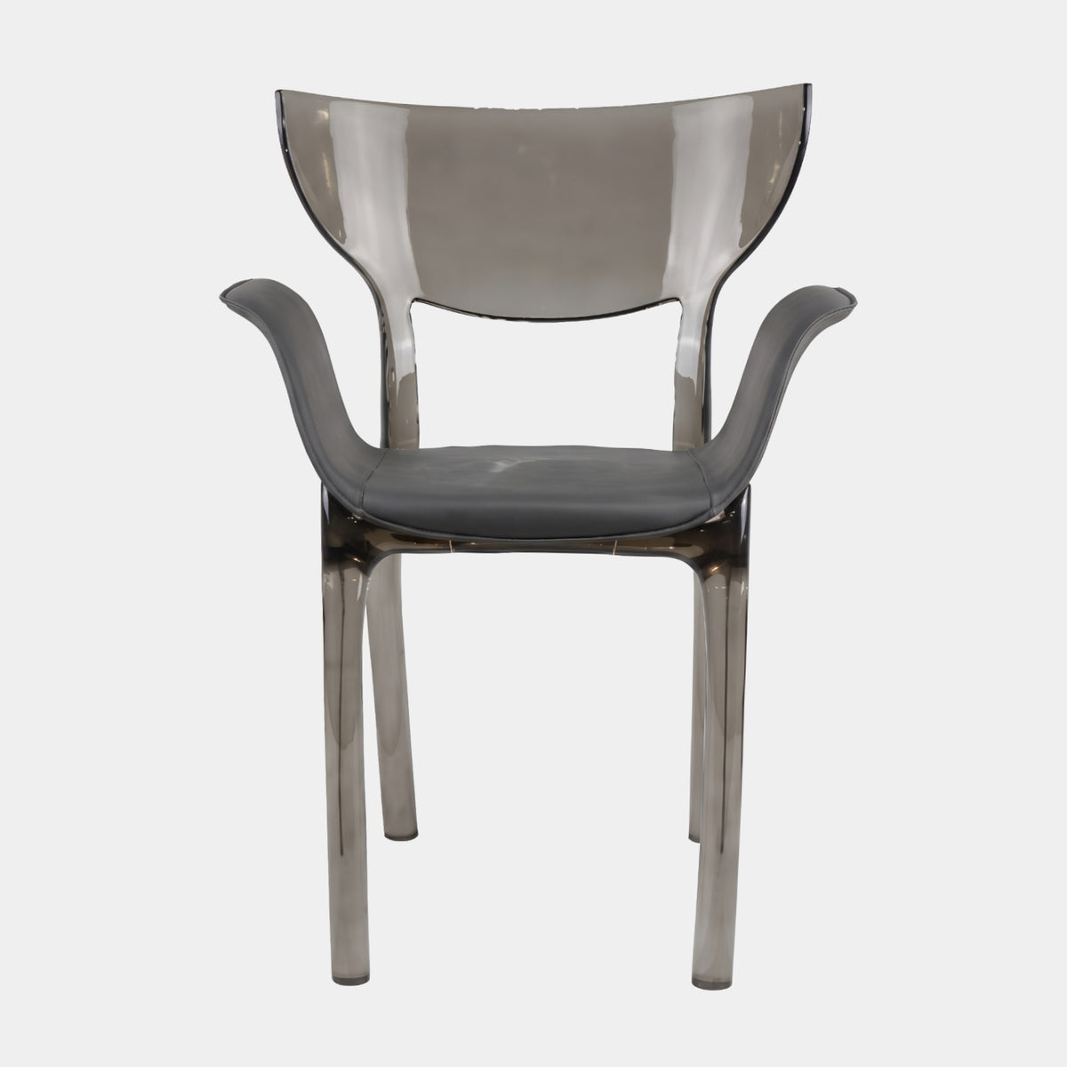 Olive Flared Back Upholstered Resin Armchair (114cm) in translucent grey resin with a grey upholstered seat, shown front-facing on a plain white background.