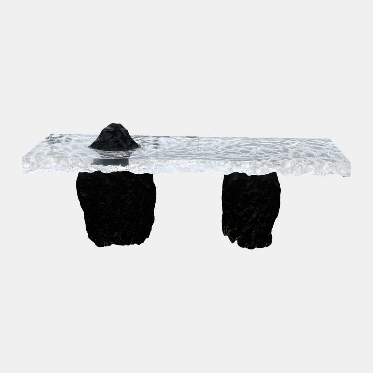 Ice Textured Slab & Twin Rock Plinth Resin Bench, 200cm, frosted clear slab with cracked ice texture on two black rock-form plinths, small black rock accent on top, plain white background.