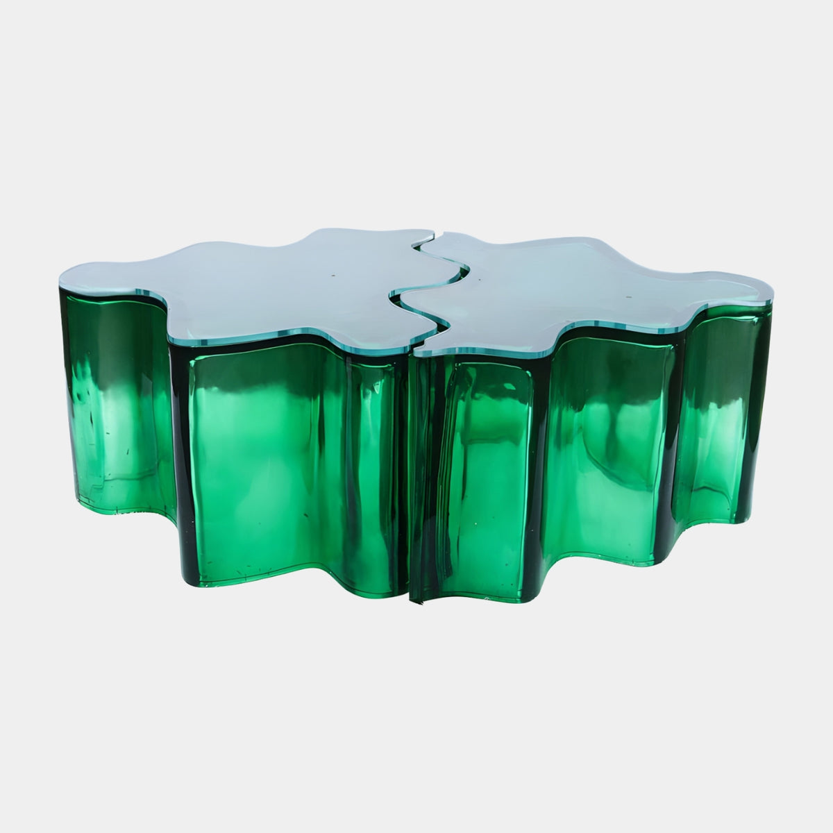 Green Two Part Glass Top Cast Resin Low Table (120cm) with wavy interlocking green resin base and clear glass tops, shown on a plain white background.