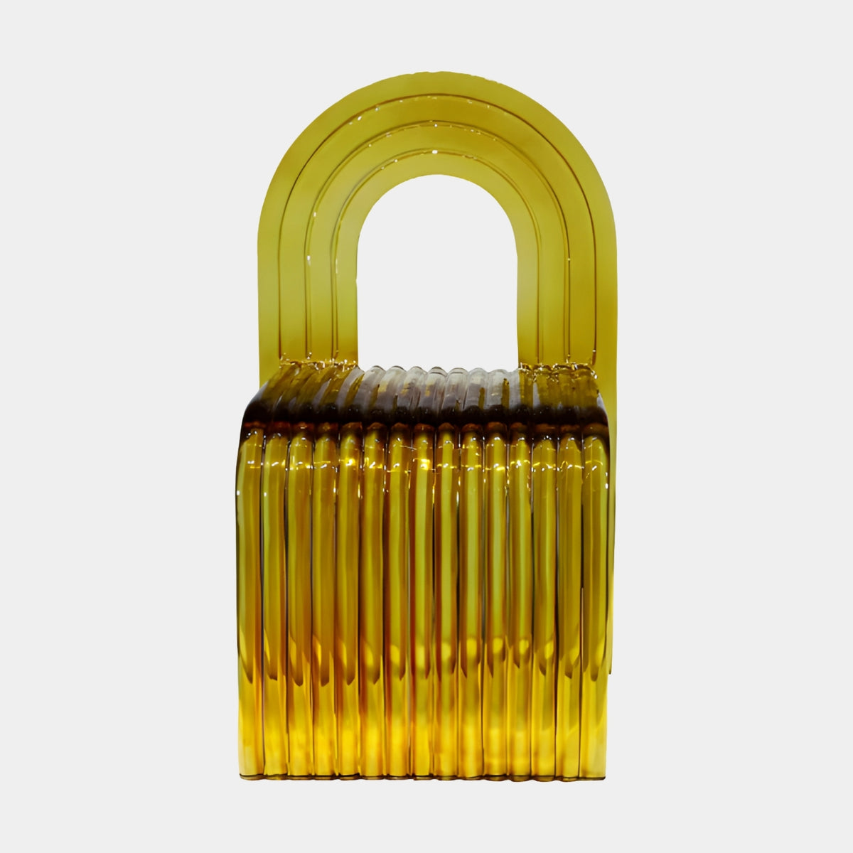 Yellow Arched Back Fluted Cast Resin Chair - 86cm with a translucent golden finish, ribbed seat block, and curved triple-line arch, shown on a plain white background.