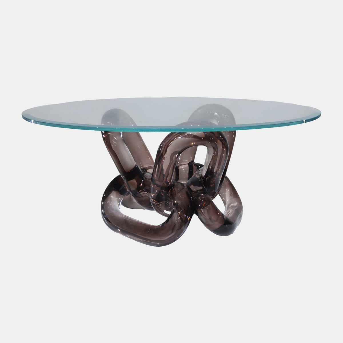 Brown Knotted Link Resin & Glass Coffee Table, 100cm, with round glass top on knotted brown resin loops, shown against a plain white background.