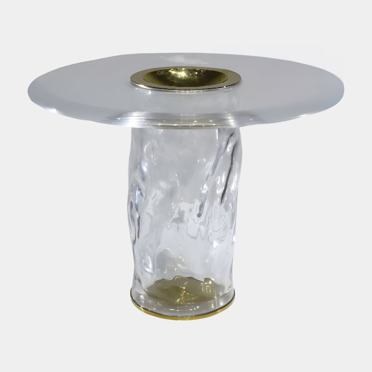 Clear Undulating Column Brass Ring Side Table, 55cm, with a flat round resin top, brass dish inset, and ridged translucent column base on a white background.