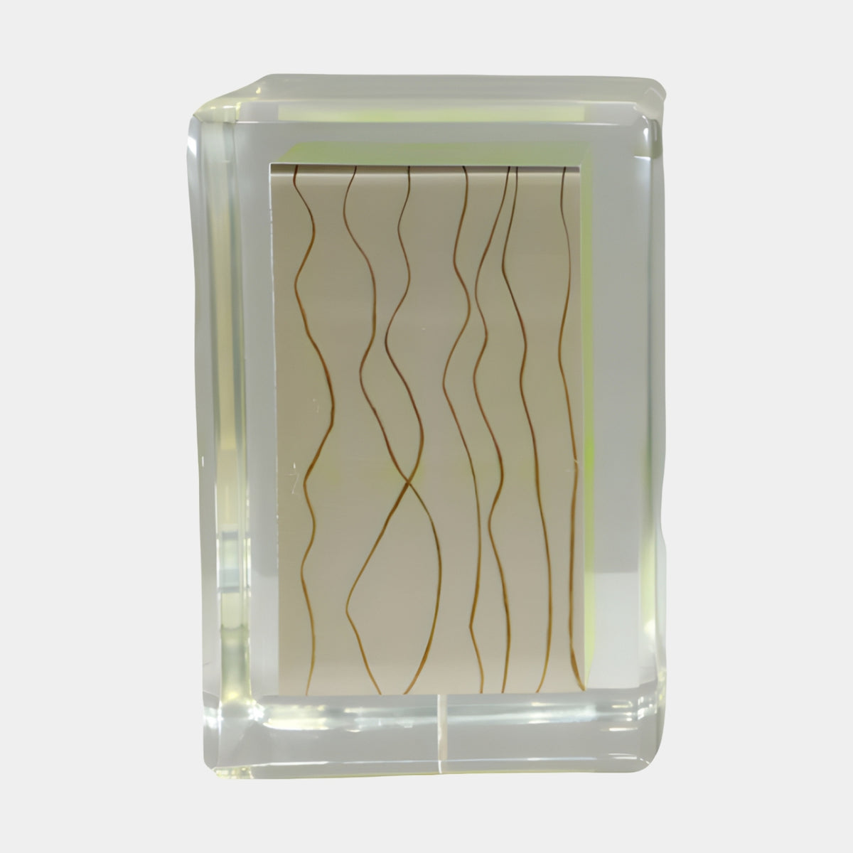 Cream Lined Panel Clear Cast Resin Block Plinth, 45cm, with wavering brown vertical lines on a pale cream panel encased in clear resin, shown against a plain white background.
