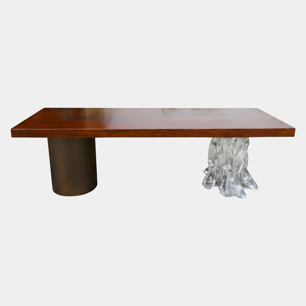 Timber Slab Bronze Drum & Resin Root Dining Table, 260cm, with reddish brown wood top on a bronze drum base and clear resin root base, shown on a plain light grey background.