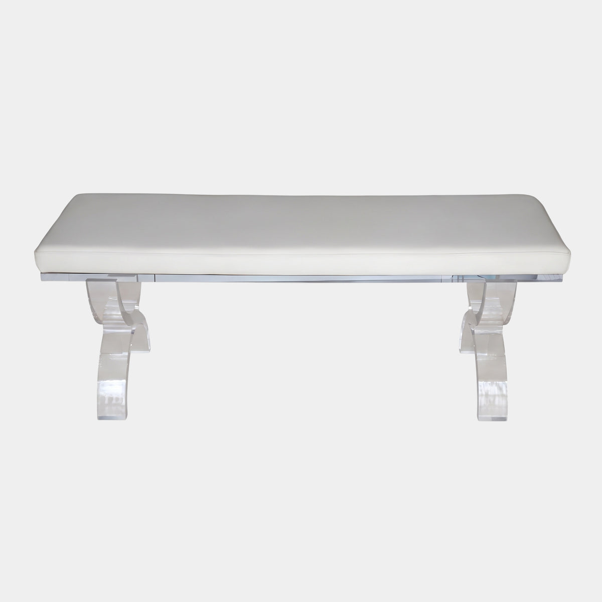 Cream Seat Scrolled Acrylic Leg Bench (120cm) with a domed cream cushion on polished clear acrylic scroll legs, shown on a plain white background.