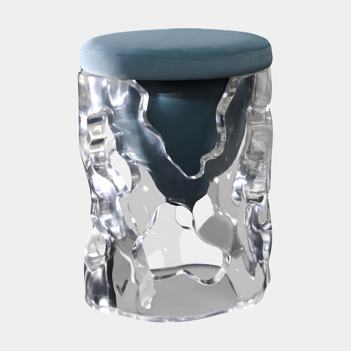 Teal Seat Pierced Clear Cast Resin Stool, 55cm, with a torn cave-like clear resin base and round teal upholstered pad, shown on a plain white background.