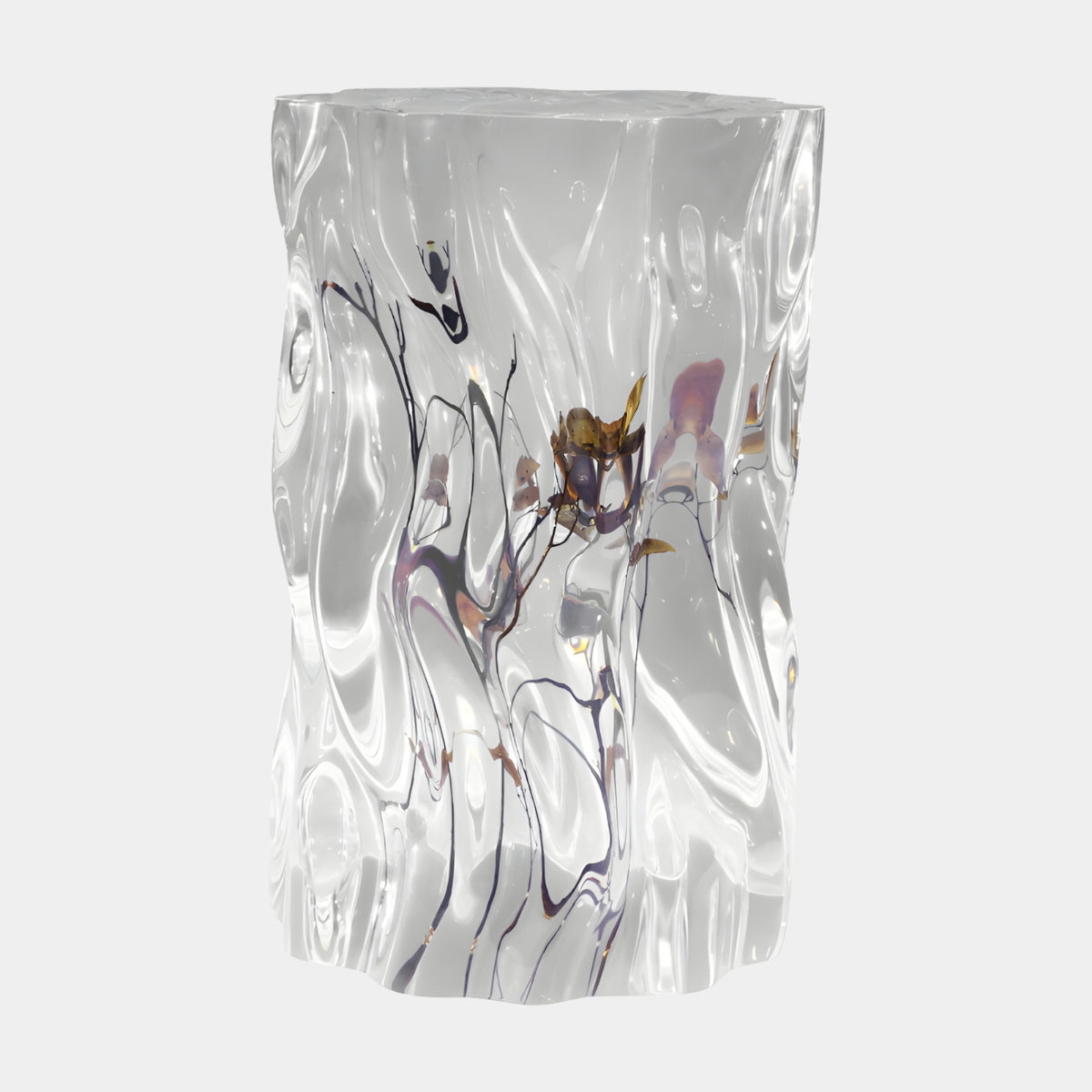 Clear Branch Inclusion Rippled Resin Block Table, 64cm, with dark branch forms and gold, amber and mauve petal accents, on a plain white background.