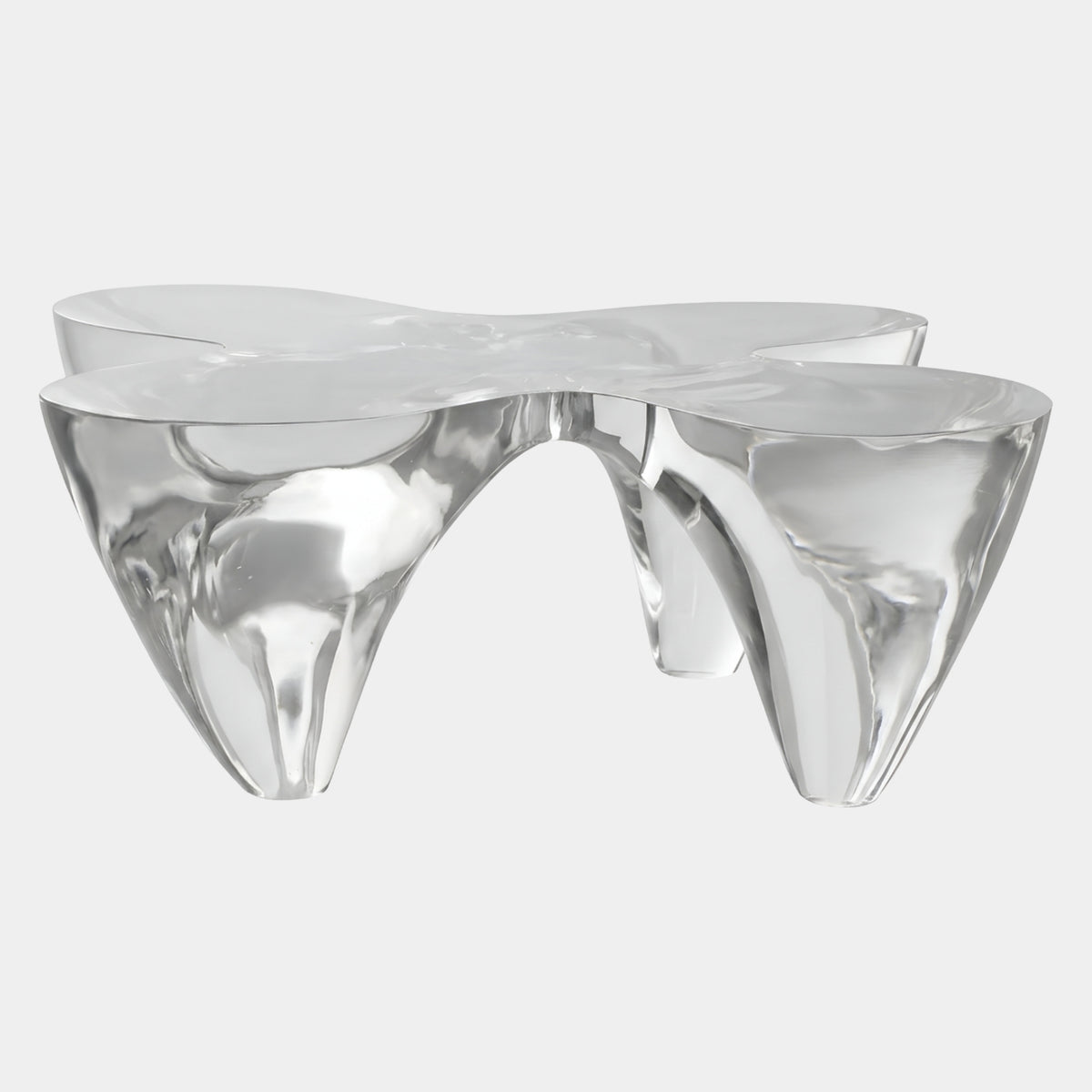 Clear Clover Top Cone Leg Cast Resin Low Table, 120cm, with a four-lobed clear resin top on tapering cone legs, shown on a plain white background.
