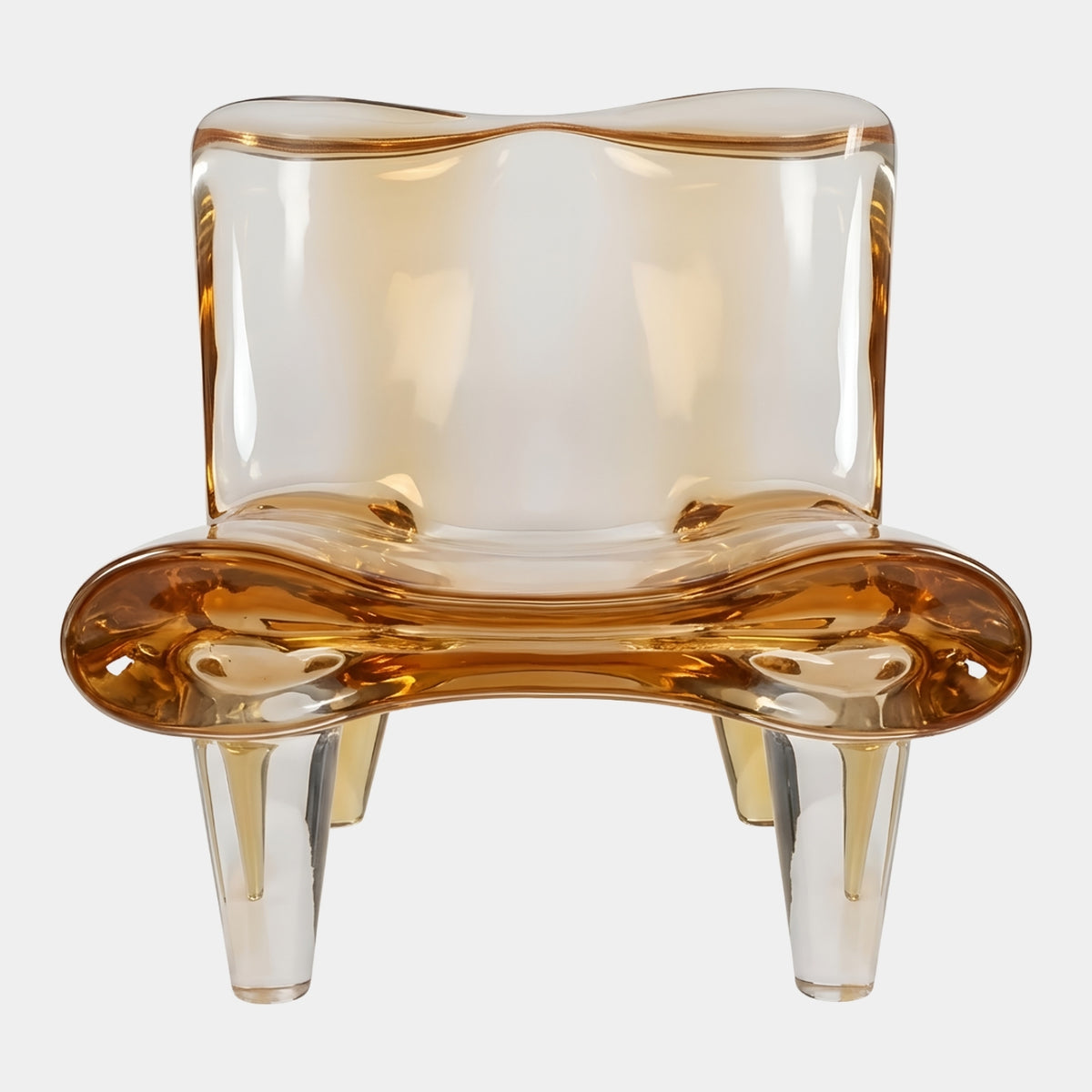 Amber Poured Shell Cast Resin Lounge Chair (119cm) with glossy amber curved seat and back on tapering clear resin legs, shown on a plain white background.