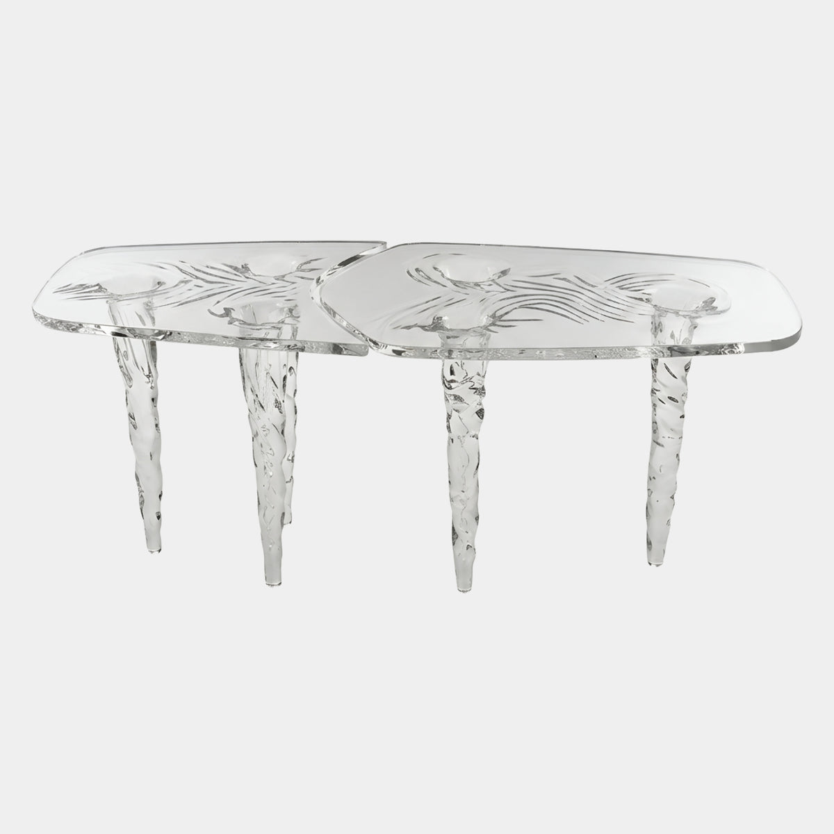 Clear Ripple Top Two Part Cast Resin Table (180cm) by Giant Sculptures, two clear resin tabletops with ripple-textured tapering legs, shown on a plain white background.