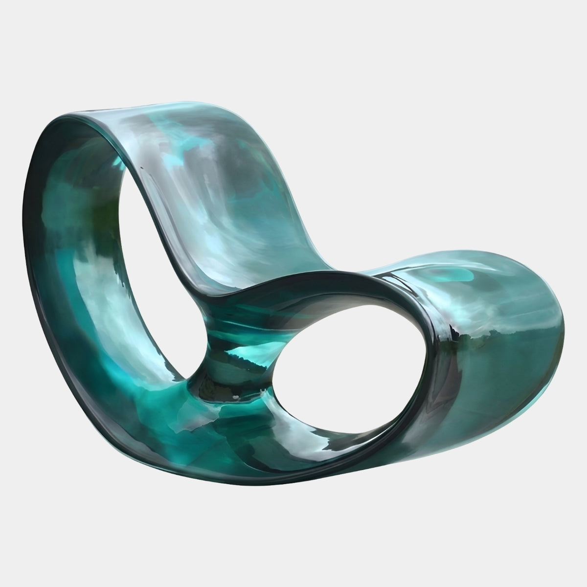 Green Looped Ribbon Cast Resin Lounge Chair, 120cm, a glossy translucent green resin loop forming a legless seat with circular void, on a plain white background.