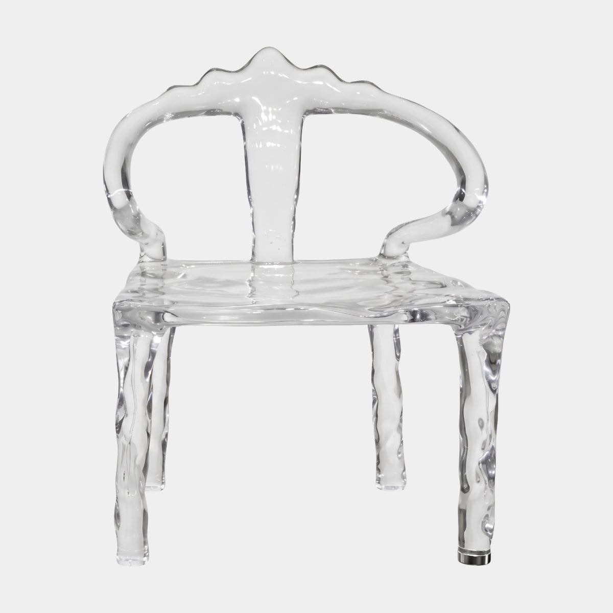 Clear Ice Form Hooped Back Cast Resin Armchair, 80cm, with wavy crest, curled arms, and rippled seat on faceted legs, shown on a plain white background.