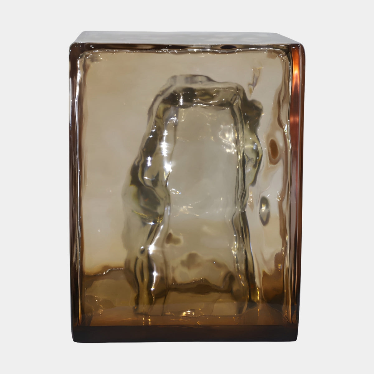 Brown Inner Cavity Cast Resin Block Table, 52cm, with a pale irregular hollow form inside a translucent brown resin block, shown against a plain white background.