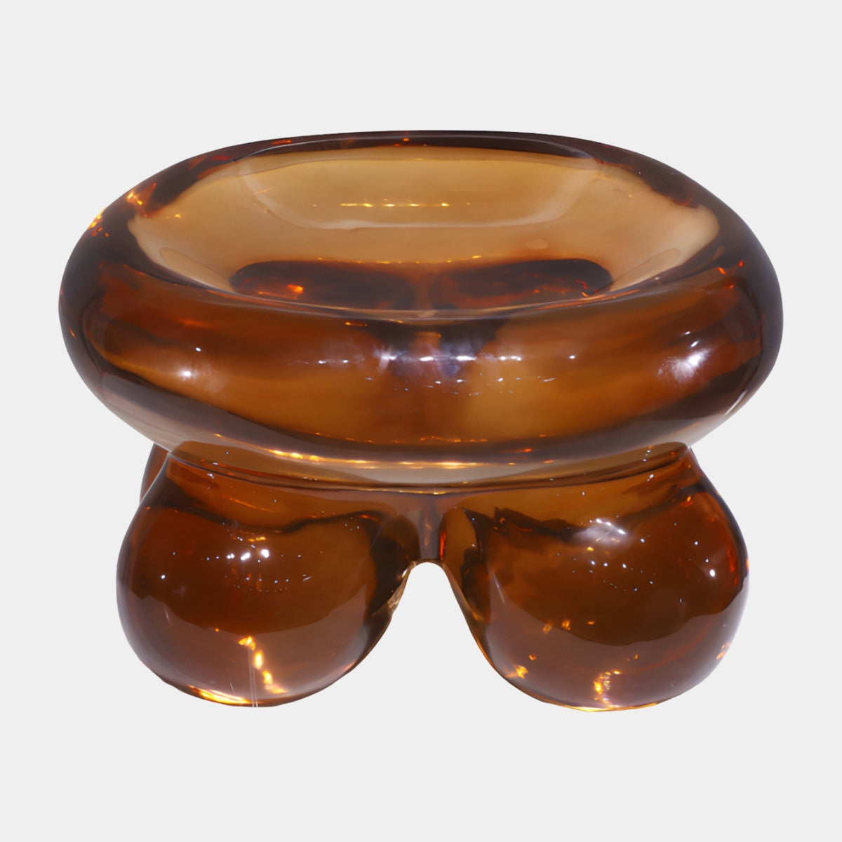 Amber Rolled Rim Lobed Cast Resin Stool (65cm) by Giant Sculptures, round dished top with rolled rim on bulbous lobed base, honey-to-dark amber resin, plain white background.