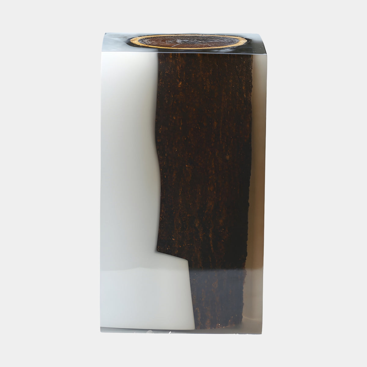 White & Timber Set Cast Resin Block Table, 52cm, with dark barked timber running through white and clear resin, log end visible on top, white background.