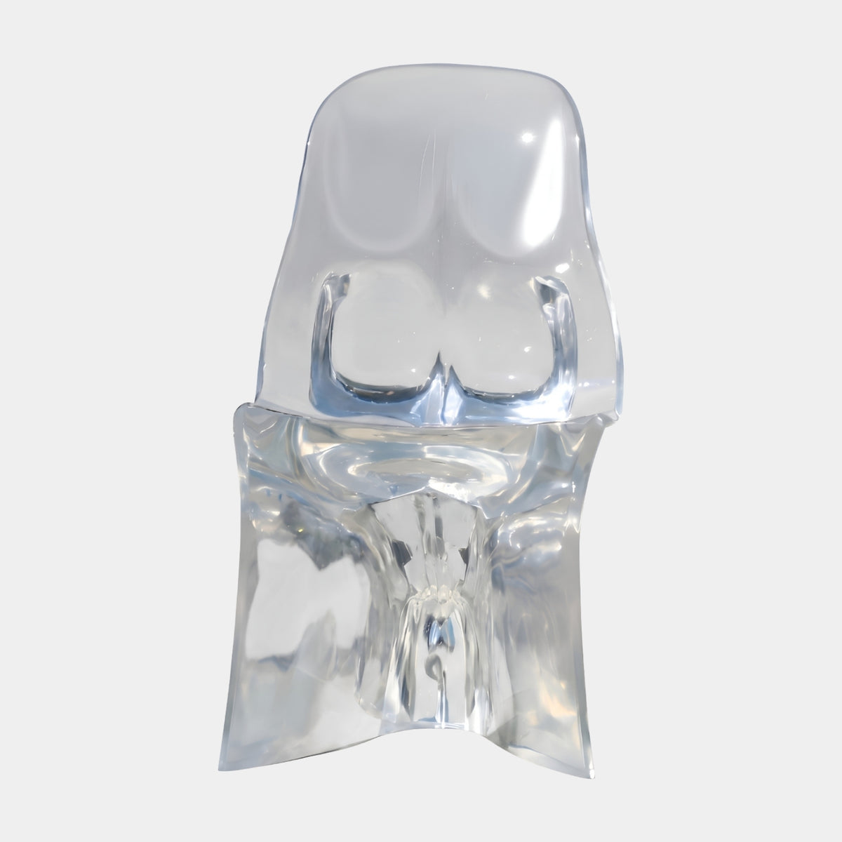 Clear Modelled Shell Cast Resin Chair, 82cm, in polished transparent resin with a rounded sculpted back and splayed foot, shown against a plain white background.