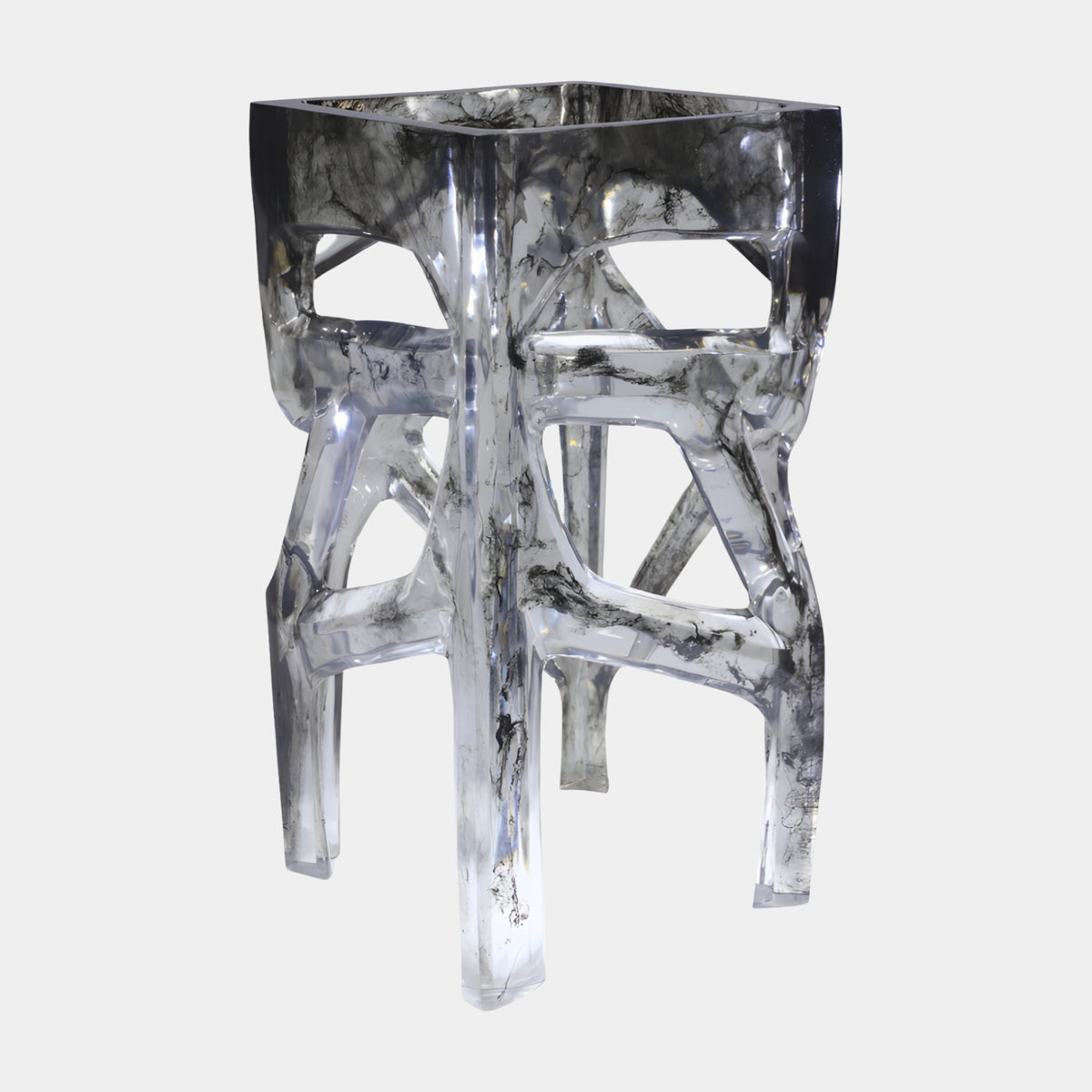 Black Marbled Openwork Resin & Glass Pedestal, 100cm, with cross-rail legs and open square top, shown on a plain white background.